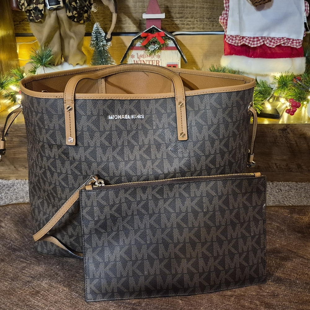 Michael Kors Dark Brown Signature Tote and Pouch